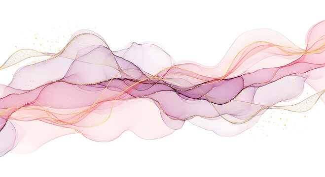 Flowing abstract waves of purple pink and gold glitter on white background fluid