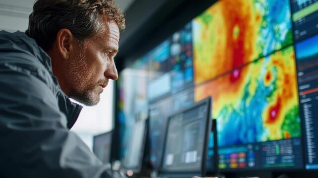 A focused man in a control room intently monitors complex weather patterns displayed across multiple large screens, analyzing critical data for analysis.
