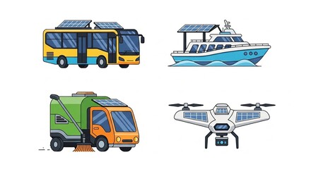 Set of Solar Powered Vehicles Including Bus Yacht Truck and Drone.