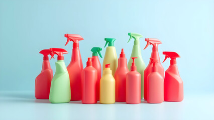 A bright, organized collection of red, green, and yellow spray and product bottles stands against a minimalist blue background for a vibrant mockup