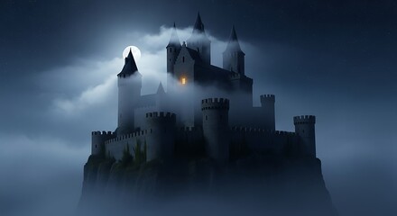 Mystical Castle Silhouette on Misty Cliff with Moonlit Night, and Medieval Architecture.