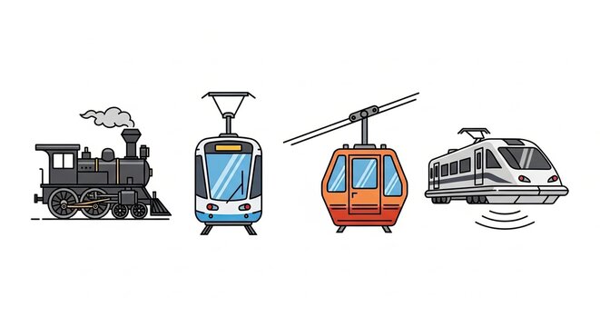 Collection of diverse transportation vehicles including a steam train, modern tram, cable car, and futuristic levitating train.