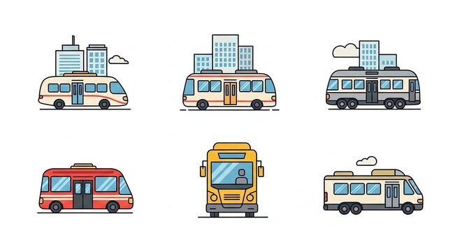 Collection of Diverse City Buses and Trolleybuses in Flat Design Style.