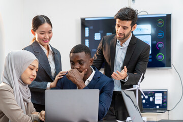 team of multiethnic colleague discuss budget performance planning, sharing idea for cost reduction,...