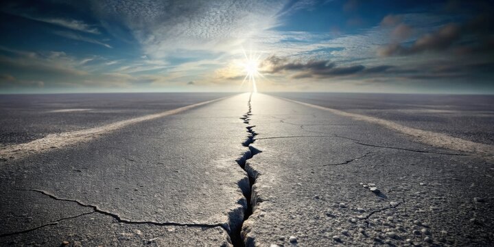 A long, cracked road stretches towards a radiant sunset, symbolizing resilience and the journey through adversity. - Powered by Adobe