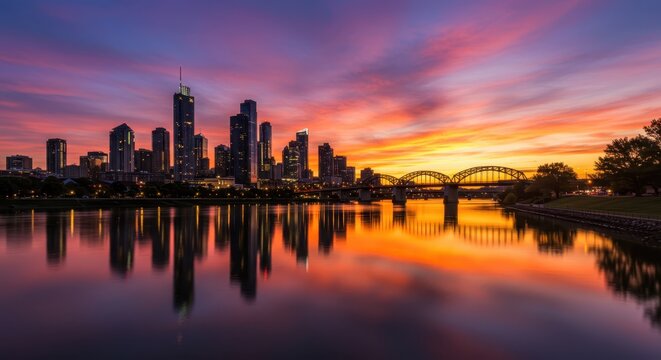 Modern metropolitan skyline glows vibrantly across tranquil water surface during colorful twilight