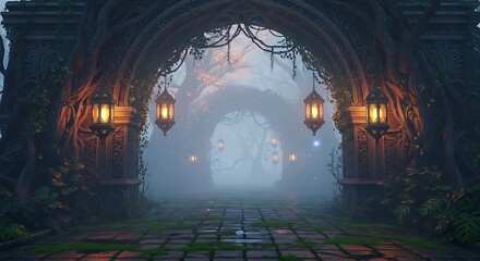 Mystical Forest Gate Enchanted Passage with Lit Lanterns, Foggy Path, and Fantasy Scene.