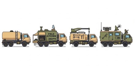 Collection of Four Military Trucks with Various Equipment and Antennas.