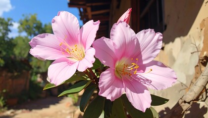 Close-up of vibrant pink flowers blooming in a sunny garden with green leaves