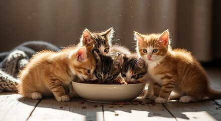 Four cute kittens gathered around bowl eating together, warm indoor light, adorable and lively pet moment.