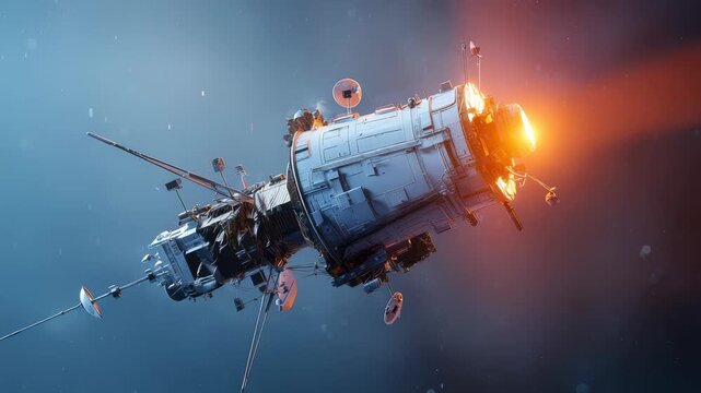 Cutting edge satellite or space probe illuminated by a glowing engine, surrounded by cosmic dust and stars. Advanced technology and exploration theme in a visually striking outer space scene