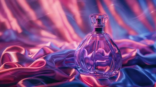A sleek glass perfume bottle with a tall neck and elegant design sits atop shimmering fabric. The backdrop is a blend of vibrant colors, highlighting the flacon's contemporary style.