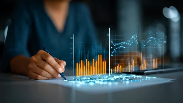 A professional woman reviews advanced analytics and financial statistics using interactive digital interfaces. The scene highlights innovation, technology, and strategic business intelligence - Powered by Adobe