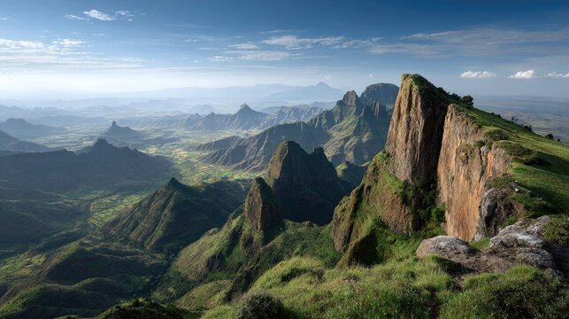 Wide-Angle View of Ethiopia&rsquo;s Simien Mountains and Danakil Depression with Vast Open Sky
