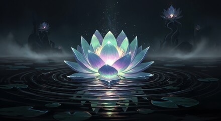Mystical Glowing Lotus Flower on Calm Water with Fantasy Digital Art Illustration.