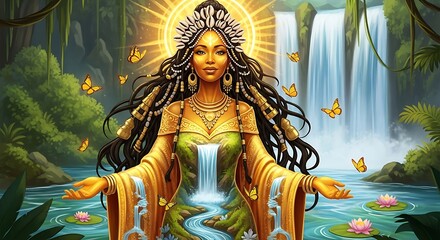 Mystical Goddess in Waterfall Paradise with surrounded by butterflies, and digital art.