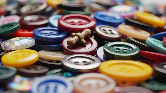 Pile of Colorful Plastic Sewing Buttons With Wood Thimble