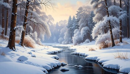 A serene winter landscape featuring a snow-covered forest and a flowing river
