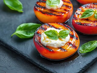 Citrus honey glazed grilled peaches with mascarpone, summertime desserts, elevated BBQ sweet