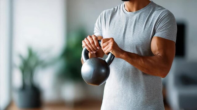 Fit male athlete grips a kettlebell, ready for a strength training session in a bright, stylish living space. The image highlights dedication to health, exercise, and an active lifestyle
