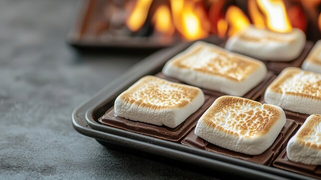 DIY s mores bar with marshmallows and chocolate over outdoor campfire, summertime desserts, fun gathering concept