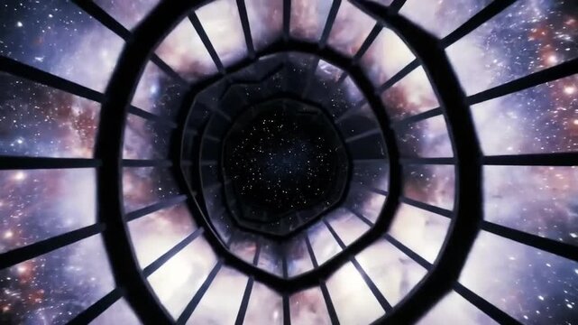 Dark Spiral Staircase Tunnel with Starry Nebula Background and Subtle Lighting Effects