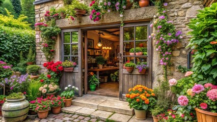 Naklejka premium Stone building's charming entrance adorned with vibrant blooming flowers in various pots and planters, creating a picturesque garden scene.
