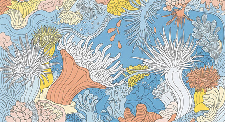 Stylized underwater scene with sea anemones and coral in pastel colors ocean
