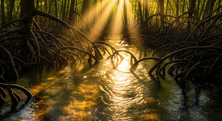 Sunbeams pierce dense mangrove forest over water with tangled roots image