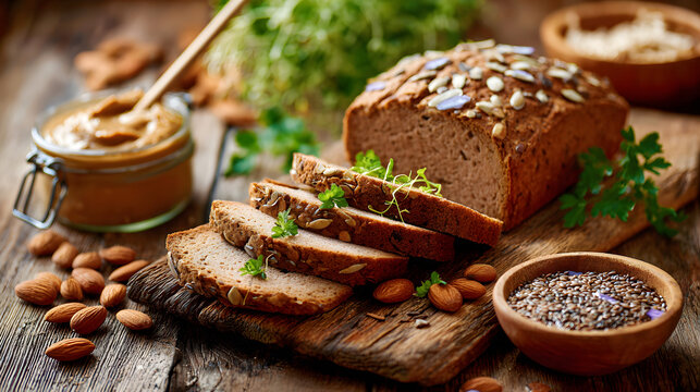 Sliced whole grain low carb bread loaf wooden cutting board with seeds, almonds, herbs and nut butter, warm rustic breakfast scene, cozy appetite
