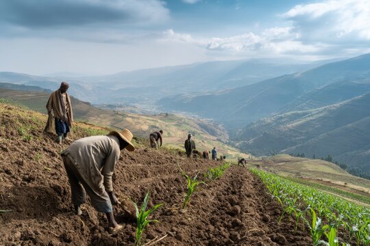 Ethiopian Highland Farmers Planting Maize and Teff Across Expansive Terraced Fields