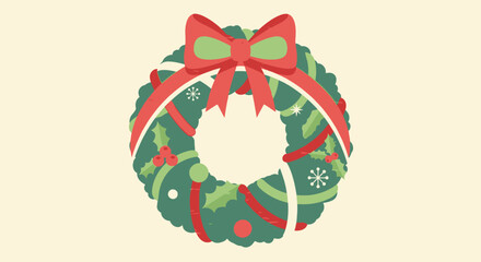 Festive Christmas wreath with red bow and ribbons for holiday decoration.