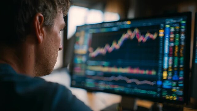A professional investor studies fluctuating graphs and market analytics on high resolution screens, making critical decisions. The scene captures the intensity of financial trading and data analysis