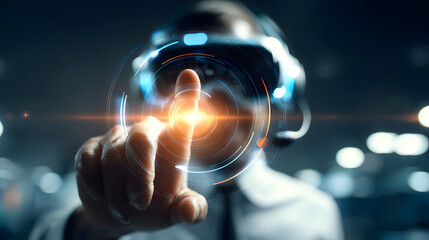 Futuristic interface virtual reality hologram headset finger touch neon light technology cyber support agent digital screen blend with smooth