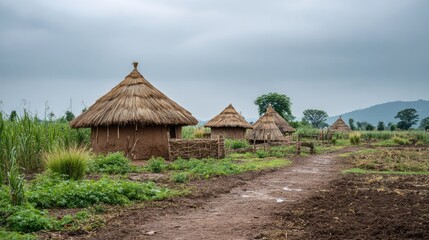 Rural Beninese Village with Mud Houses and Wide Open Copy Space
