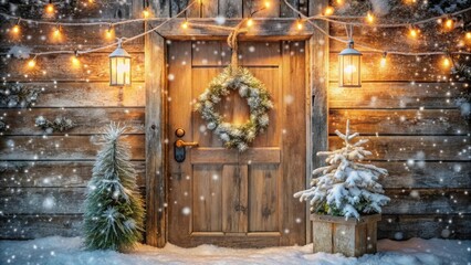Rustic Wooden Door Decorated with Festive Wreath, Snow-Covered Evergreens, and Warm String Lights on a Snowy Winter Evening
