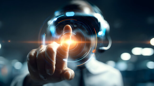 Futuristic interface virtual reality hologram headset finger touch neon light technology cyber support agent digital screen blend with smooth - Powered by Adobe