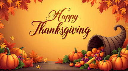 Warm and cozy Thanksgiving holiday illustration, with calligraphic Happy Thanksgiving Day text at the center, decorated with fall leaves and harvest icons, in a rich autumn color palette for a classic