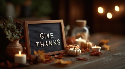 Cozy Rustic Letter Board with “Give Thanks” Surrounded by Warm Autumn Decor
