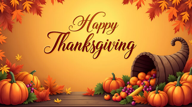 Warm and cozy Thanksgiving holiday illustration, with calligraphic Happy Thanksgiving Day text at the center, decorated with fall leaves and harvest icons, in a rich autumn color palette for a classic