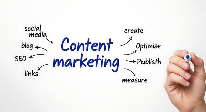 Content marketing mind map with related terms like social media, blog, seo, links, create, optimise, publish, measure, isolated on white background