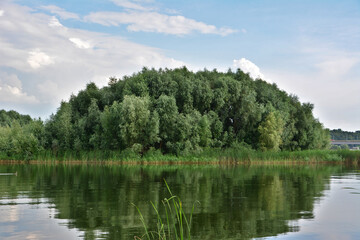 Lush Green Island Reflected in Calm Water Under a Blue Sky with a cloud