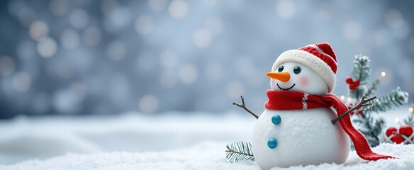 Snowman with red scarf and hat standing in snowy winter landscape. Concept for Christmas, winter holidays, and childhood memories with copy space.