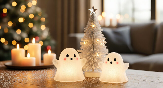 Cute ghost candles and mini Christmas tree on table with warm lights. Concept for winter holidays and cozy interior decor.