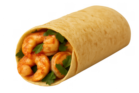 Delicious shrimp wrap with fresh parsley filling, savory seafood fajita style tortilla, healthy quick food snack