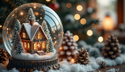 Snow globe with glowing miniature house and pine cones. Concept for Christmas, cozy home, and holiday decoration.