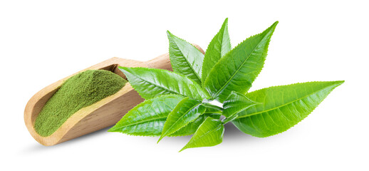 matcha green tea and tea leaves on transparent png ( image from camera )