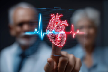 Senior Doctor Pointing at a Futuristic Holographic Display of a Human Heart and EKG Monitoring Health and Vital Signs