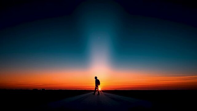 Solitary Path: A silhouette of a solitary individual walks towards the horizon, bathed in the radiant glow of a vibrant sunset, symbolizing journey and introspection. 