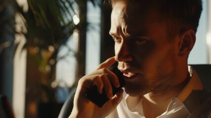 A man wearing a collared shirt talks on his cell phone with a concerned expression. - Powered by Adobe